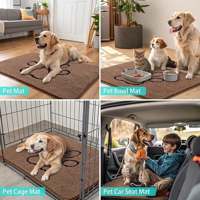 Smiry Dog Door Mat for Muddy Paws, Absorbent Dirt Trapper Non Slip Quick Dry Washable Chenille Mat for Mud Dogs, Entry Rug for Indoor and Outdoor (47x24 Inches, Camel and Black)