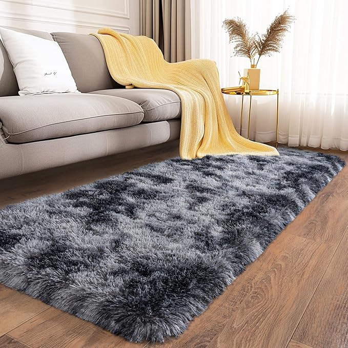 Ultra Soft Runner Rugs for Bedroom Hallways with Upgraded Non-Slip Rubber Backing & Thick Memory Sponge, 2x8 Feet Fluffy Shag Throw Area Rug for Bedside Dorm Tie-dye Dark Grey