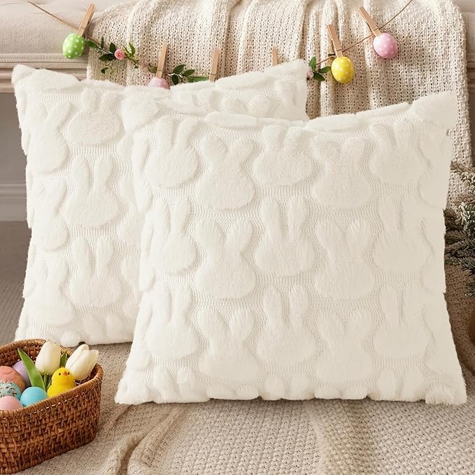 decorUhome Easter Bunny Pillow Covers 20x20 Inch Set of 2, Soft Plush Faux Wool Jacquard Cream White Rabbit Cushion Covers, Farmhouse Neutral Spring Easter Holiday Decor for Couch Sofa Bed