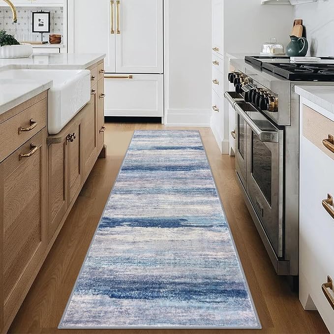 KOZYFLY Modern Abstract Hallway Runner Rug, 2.6x8 Washable Rug Runner Non-Slip Soft Striped Kitchen Runner Rugs, Print Blue/Grey/Beige Carpet Runner for Entryway Bathroom Laundry Room Foyer