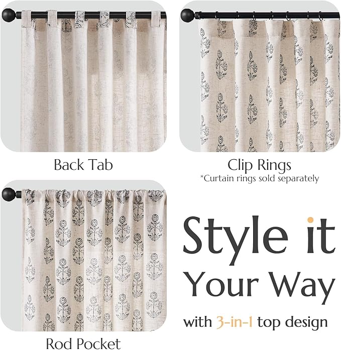 jinchan Linen Floral Curtains for Living Room 84 Inch Length Black Flower Cottage Core Farmhouse Curtains Rod Pocket Back Tab Boho Semi Sheer Window Drapes Bedroom Set 2 Panels Black on Beige
