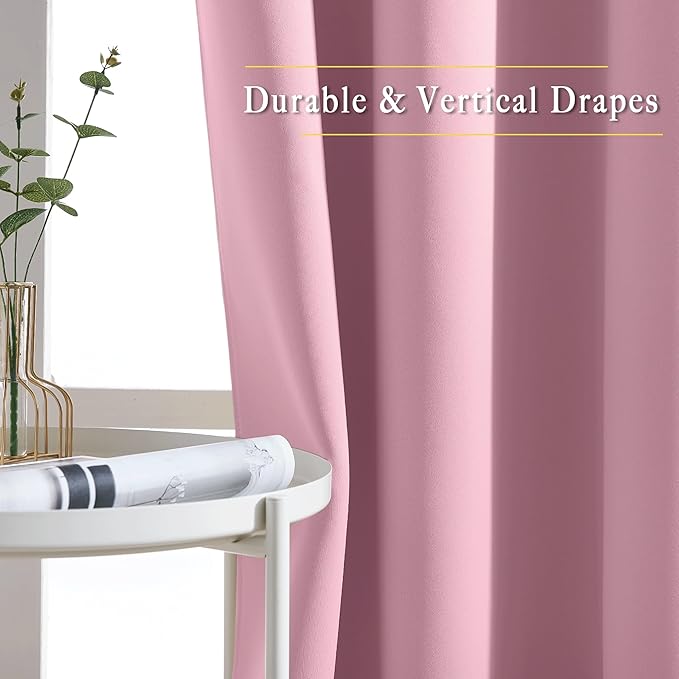 NICETOWN Blackout Curtains for Kids Room - Triple Weave Microfiber Home Thermal Insulated Solid Ring Top Blackout Panels/Drapes for Bedroom(Crystal Pink, Set of 2, 52 x 63 Inch)