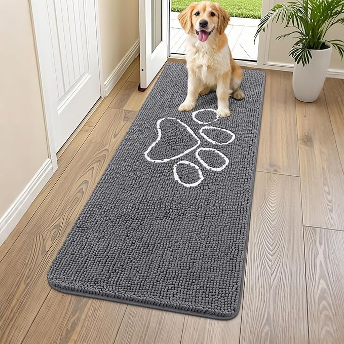 Smiry Dog Door Mat for Muddy Paws, Absorbent Dirt Trapper Non Slip Quick Dry Washable Chenille Mat for Mud Dogs, Entry Rug for Indoor and Outdoor (59x20 Inches, Dark Grey and White)