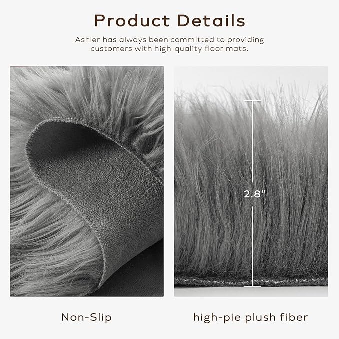 Ashler Faux Fur Rug - Fluffy Shaggy Area Rug, Ultra Soft 2 x 3 Feet Rectangle, Dark Grey Fuzzy Machine Washable Shag, Nursery Decor Throw for Bedroom, Living Room