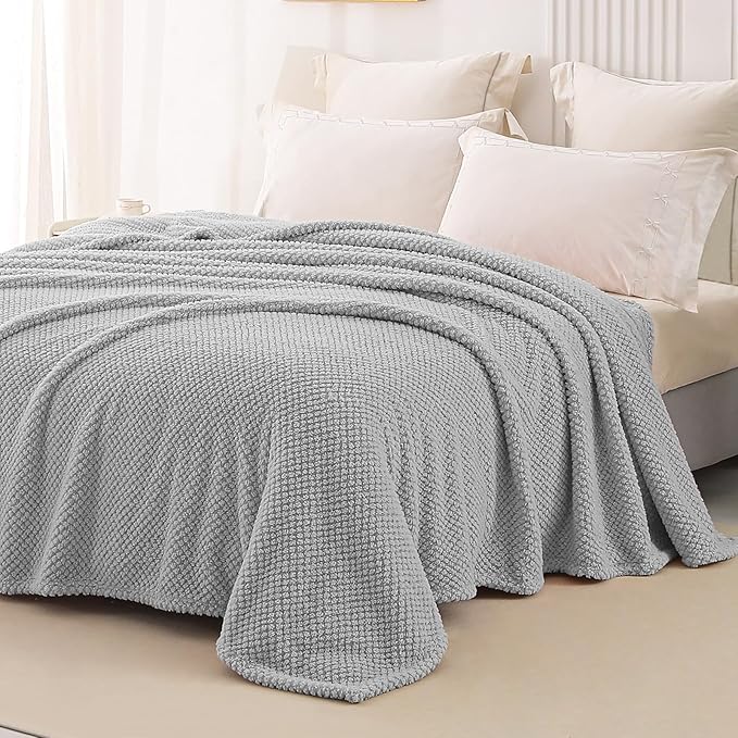 Whale Flotilla Queen Size Fuzzy Fleece Blanket for Bed, 90x90 Inch Fluffy Warm Soft Jacquard Blankets for All Season, Lightweight and Cozy, Light Grey