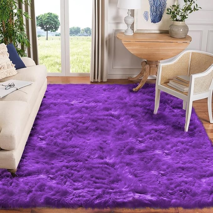 Goolela Purple Area Rug 9x12 Fluffy Fuzzy Furry Carpet for Bedroom Living Room Faux Sheepskin Fur Plush Rectangle