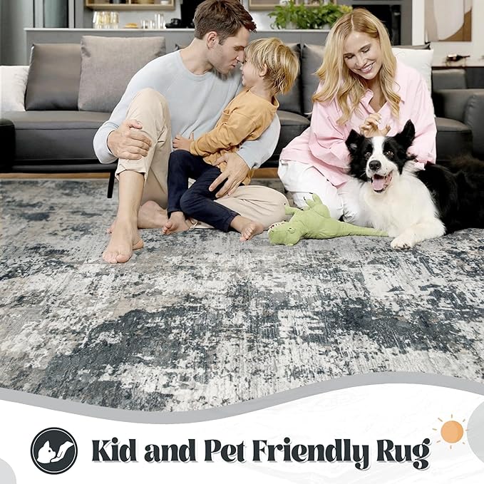 XLUEZ 8x10 Area Rugs for Living Room, Washable Modern Abstract Large Area Rug Neutral Soft Non Slip Kids Rug Stain Resistant Indoor Carpet for Bedroom Nursery Dining Room Playroom(GreyWhite, 8'x10')