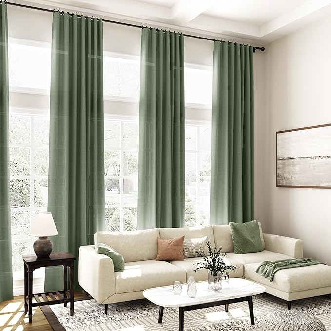 Nanspring Olive Green Linen Sheer Curtains for Living Room 2 Panels Set 106 Inch Length Back Tab Light Filtering & Breathability Semi Sheer Curtain Drapes for Bedroom 52x106