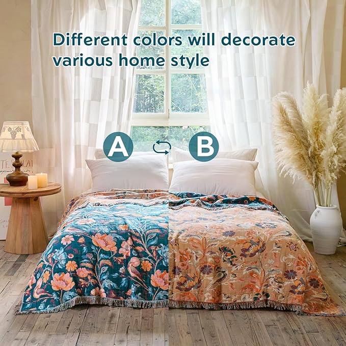 MSGKV Boho Throw Blanket for Bed 60"x80" Cotton Birds Floral Twin Size Couch Blanket Muslin Spring Breathable All Seasons Lightweight Farmhouse Blankets