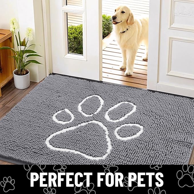 Smiry Dog Door Mat for Muddy Paws, Absorbent Dirt Trapper Non Slip Quick Dry Washable Chenille Mat for Mud Dogs, Entry Rug for Indoor and Outdoor (30x20 Inches, Grey and White)