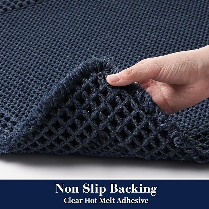 RESARE Waffle Bath Mat for Bathroom, Super Absorbent Bathroom Rugs Non Slip Machine Washable, Ultra Soft Quick Dry Boho Bath Rugs with Tassels for Floor, Upgraded Bordered Design, 24"x36" Navy