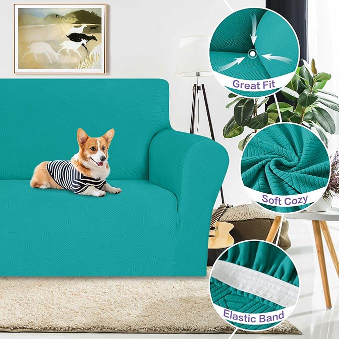 ZNSAYOTX Super Stretch Sofa Cover (72"-92"), New Striped Sofa Covers Fitted Slipcovers with Elastic Bottom, Dog Cat Pets Proof Spandex Washable Fabric Comfortable & Durable (Peacock Teal, Sofa)