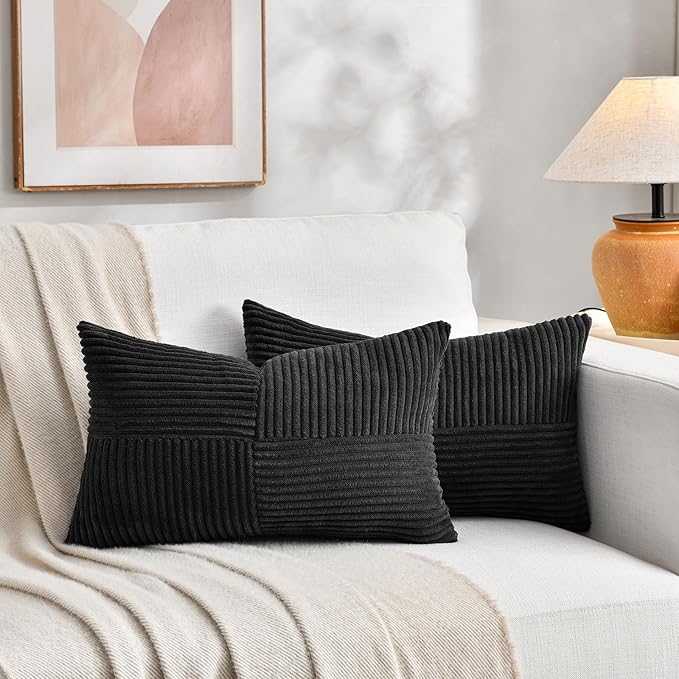 Fancy Homi 2 Packs Black Lumbar Decorative Throw Pillow Covers 20x28 Inch for Living Room Couch Bed Sofa, Rustic Farmhouse Boho Home Decor, Soft Striped Corduroy Rectangle Accent Cushion Case 50x70 cm