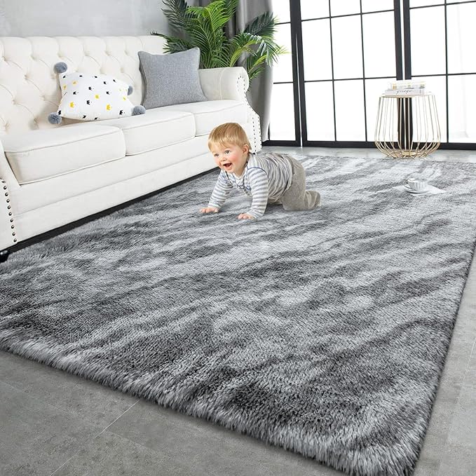 TWINNIS Super Soft Shaggy Rugs Fluffy Carpets, 6x9 Feet, Indoor Modern Plush Area Rugs for Living, Bed Room Kids Room Nursery Home Decor, Upgrade Anti-Skid Rectangular Fuzzy Rug, Grey Black
