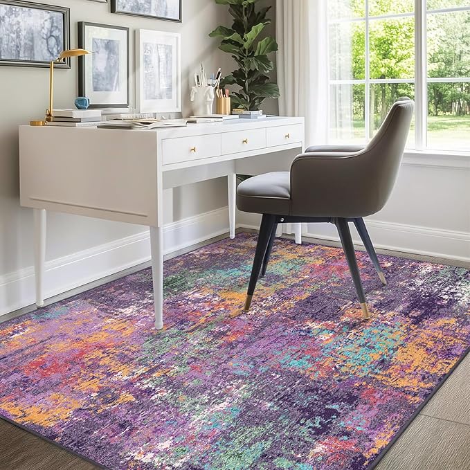 Washable Area Rugs 8'x10' Non-Slip Modern Abstract Soft for Living Room Entryway Bedroom Nursery, Print Pattern, Purple Orange Blue Green Rust Red Colorful