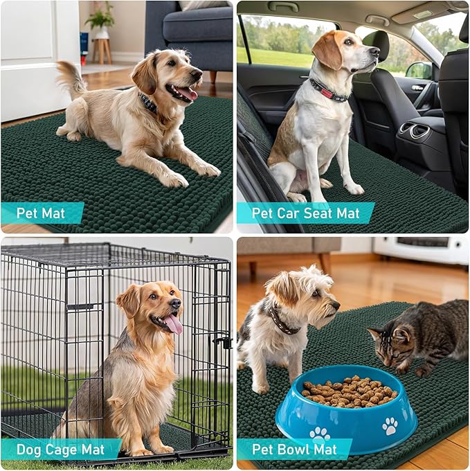 OLANLY Dog Door Mat for Muddy Paws 44x24, Absorbs Moisture and Dirt, Absorbent Non-Slip Washable Doormat, Quick Dry Chenille Mud Mat, Entry Indoor Entryway Carpet for Inside Floor, Blackish Green