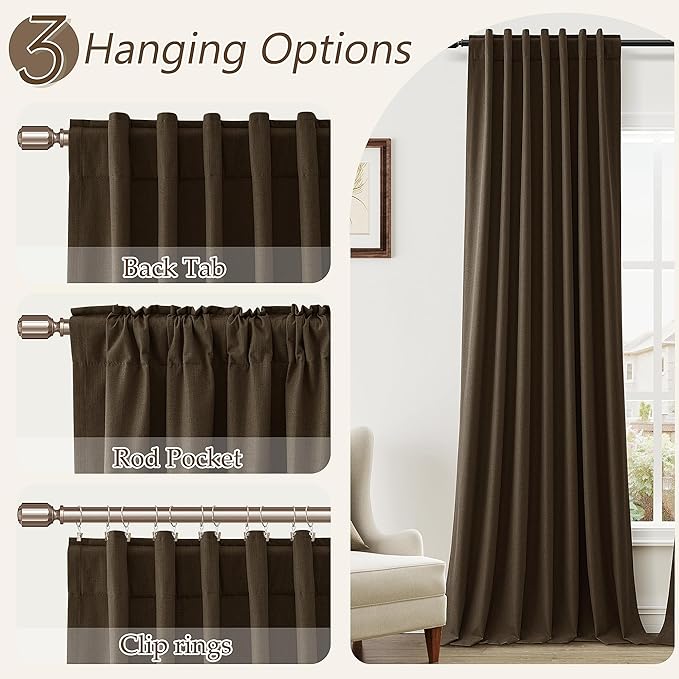 Guken Chocolate 100% Blackout Linen Curtains 102 Inch Length 2 Panels Set for Living Room Bedroom Back Tab/Rod Pocket Thermal Insulated Farmhouse Black Out Drapes Room Darkening,52x102
