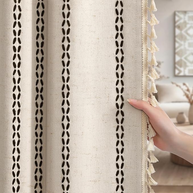 Beige Boho Blackout Curtains 2 Panels 84 Inch for Living Room Bedroom, Linen Texture Farmhouse Curtains with Tassels and Black Cotton Embroidery Vintage Rustic Western Rod Pocket