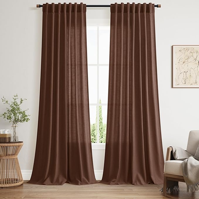 Mocha Brown Linen Curtains 102 Inches Long Rod Pocket Back Tab Drapes 2 Panels for Living Room Bedroom Light Filtering Semi Sheer Rustic Brown Curtain for Patio Door Dining Room52x102