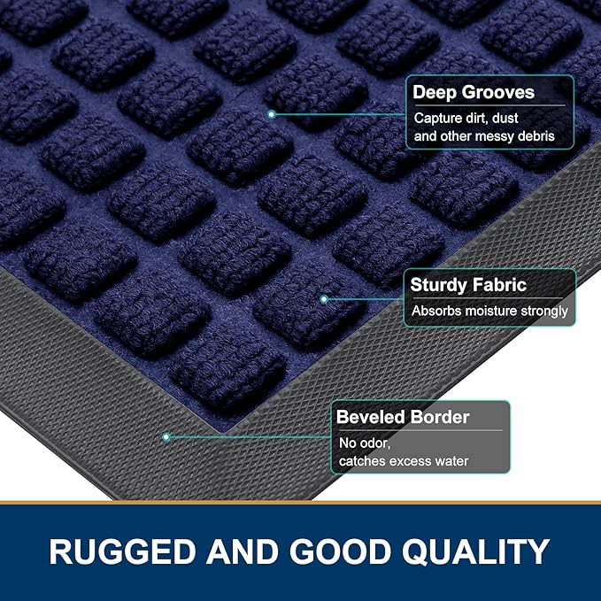 Smiry Front Door Mat Outside Entrance, Heavy Duty Natural Rubber Doormat, Non Slip, Trap Dirt and Moisture, Easy Clean, Low Profile Welcome Floor Mats for Indoor Outdoor Entry, 71x23 Inch, Navy Blue