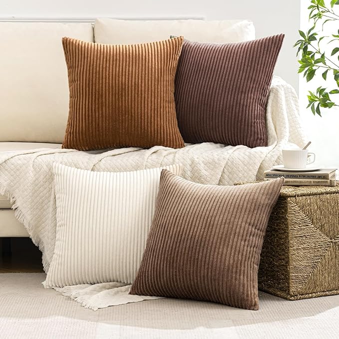 MIULEE Boho Farmhouse Throw Pillow Covers 24x24 Inch Set of 4 Rustic Mordern Neutral Cushion Covers Soft Corduroy Nordic Home Decor for Couch Bed Sofa Living Room Brown