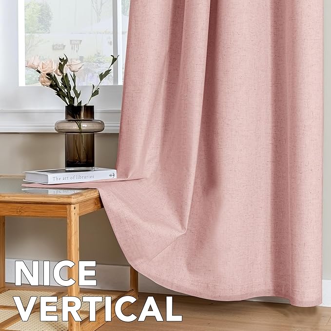 H.VERSAILTEX Linen Curtains 100% Blackout Curtains for Bedroom 45 inch Long Full Light Blocking Nature Linen Blended Window Curtains for Living Room Nickel Grommet (2 Panels, Heathered Baby Pink)