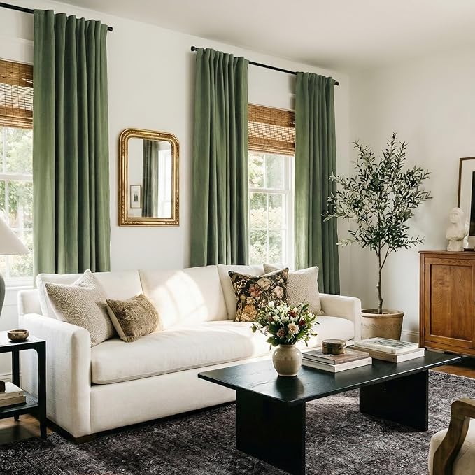 100% Blackout Shield Linen Blackout Curtains for Bedroom 102 Inches Long, Back Tab/Rod Pocket Living Room Drapes, Thermal Insulated Blackout Curtains 2 Panels Set, 50" W x 102" L, Olive Green