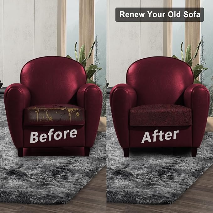 Leather Look Couch Cushion Covers Sofa Seat Slipcovers Sets Couches Furniture Protector for Sectional Armchair Loveseat Pets Kids Stretch Spandex Fabric (1 Cushion Armchair, Burgundy)