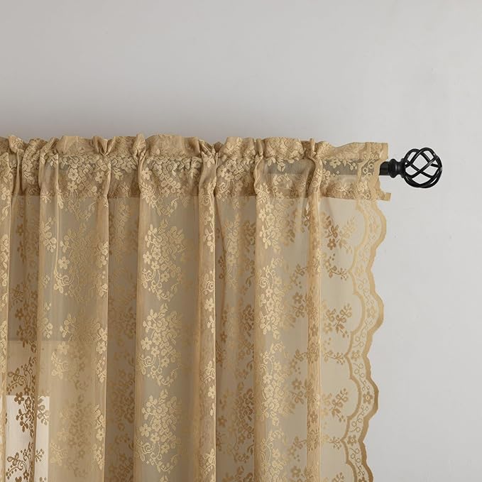 YJ YANJUN Vintage Lace Curtains 72 Inches Long-Victorian Floral Pattern Tan Sheer Curtain Panels for Living Room Bedroom,Light Filtering, Rustic Farmhouse Neutral Decor 2 Panels 52W x 72L Taupe