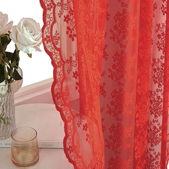 YJ YANJUN Vintage Lace Curtains 90 Inches Long 2 Panels - Retro Floral Red Christmas Sheer Curtains for Living Room Bedroom Rod Pocket Wedding Party Xmas Christmas Holiday Decor 52" W x 90" L
