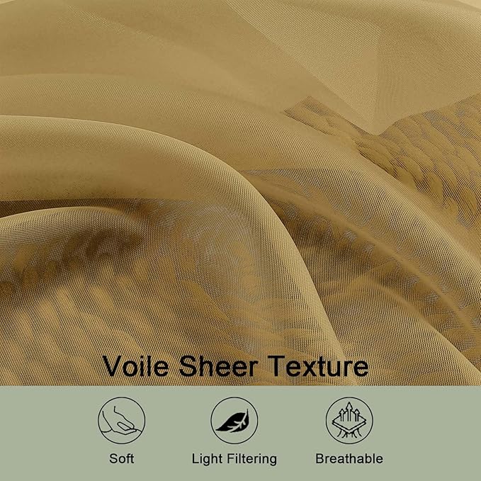 OWENIE Gold Sheer Curtains 72 Inches Long 2 Panels Set, Transparent Voile Sheer Curtain for Living Room Bedroom Window Sliding Glass Door Treatment, 59 x 72 Inch, Gold