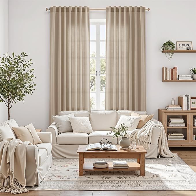 Nanspring Sepia Beige Linen Curtains 84 Inch Length 2 Panels Set for Living Room Rustic Farmhouse Decor Light Filtering Semi Sheer Curtain Back Tab Neutral Modern Drapes for Bedroom Office 52x84