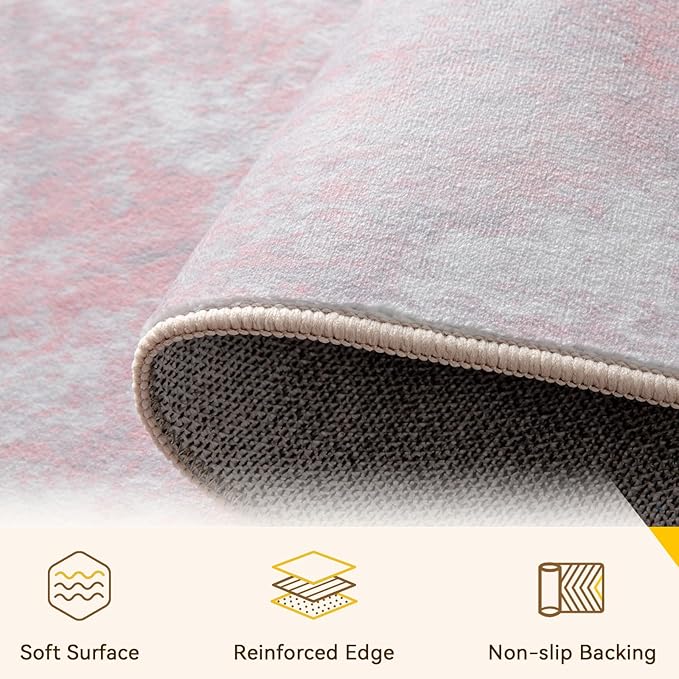 Washable Area Rugs 9'x12' Non-Slip Modern Abstract Soft for Living Room Entryway Bedroom Nursery, Print Pattern, Grey Pink