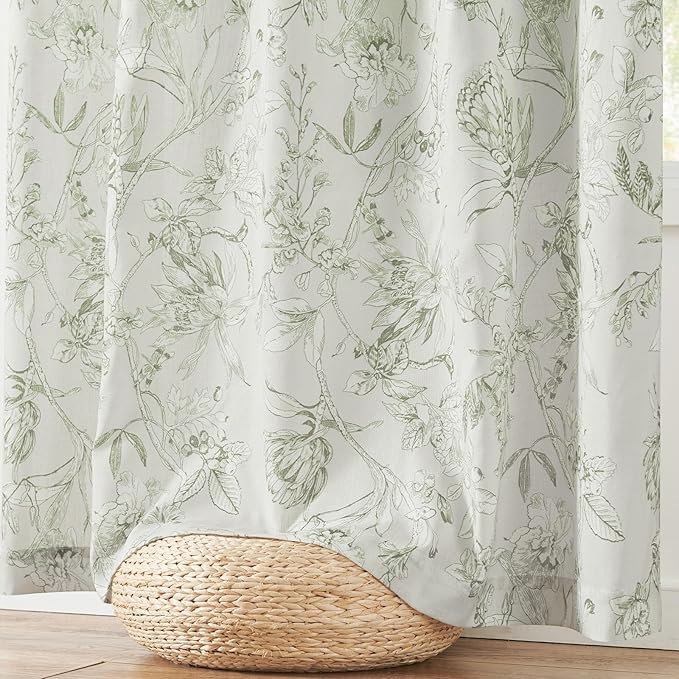 jinchan Floral Curtains 63 Inch Length Sage Green Flower Linen Farmhouse Curtain for Living Room French Country Vintage Curtain Rod Pocket Curtains Set 2 Panels Floral Printed