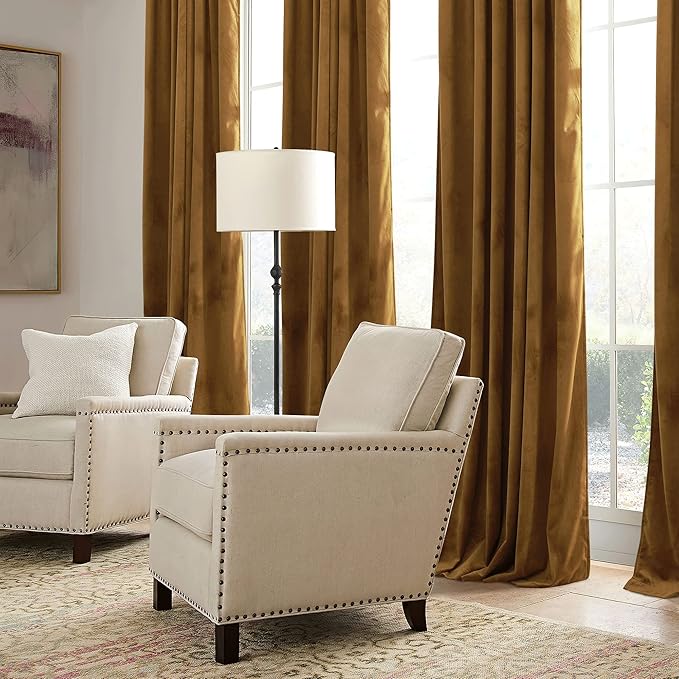 RYB HOME Gold Brown Velvet Curtains 72 inches with Hook Belt, Soft Fabric Room Darkening Thermal Insulated Luxurious Home Decor Curtains for Living Room Bedroom, W 42" x L 72", 2 Panels Set