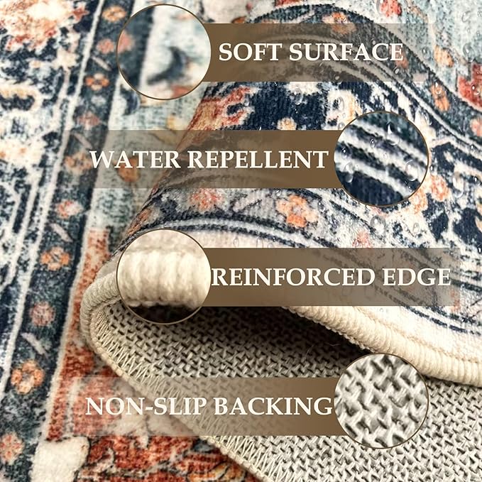 RELEANY Area Rugs 3'x5' Washable Non-Slip, Floral Vintage Distress Print Pattern Medallion Carpet for Living Room Bedroom Dining Room, Beige Navy Blue Orange Colorful