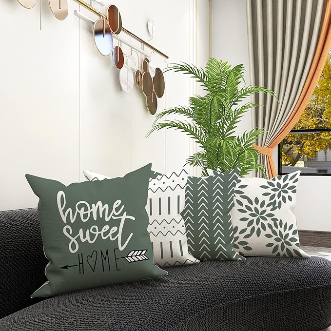 YCOLL Pillow Covers 16x16 Set of 4, Modern Sofa Throw Pillow Cover, Decorative Outdoor Linen Fabric Pillow Case for Couch Bed Car, Aqua Green