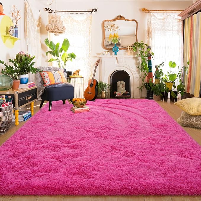 Amearea Premium Soft Area Rug 4x5.3 Feet, Pink Rugs for Living Room, Fluffy Carpet for Bedroom Nursery Playroom Teen Bedside Home Decor, Comfortable Indoor Furry Dorm Carpets, Hot Pink
