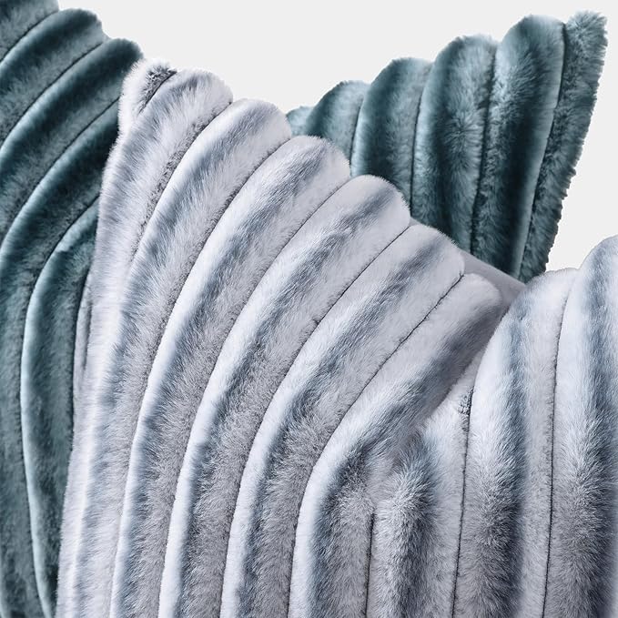 decorUhome Cozy Faux Fur Throw Pillow Covers 20x20 Set of 2 Decorative Soft Plush Striped Modern Farmhouse Boho Couch Pillow Cases with Velvet Back for Sofa Bed Living Room, Grey White
