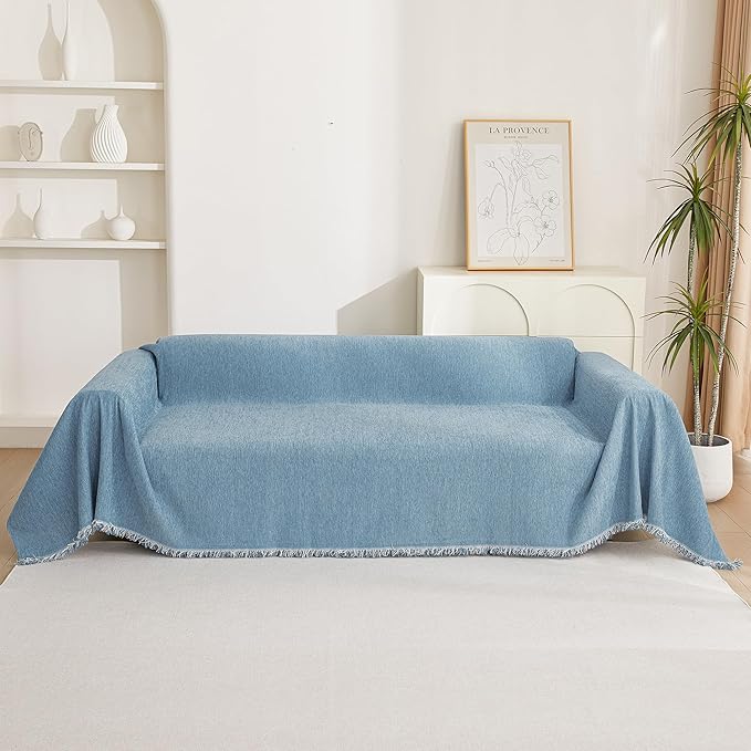 MYSKY HOME Chenille Couch Cover, Sofa Slipcover for 1-2 Cushion Sectional Couch, Machine Washable Soft Furniture Protector with Tassels, Futon Sofa Covers, Throw for Dogs, Kids, 71" x 102", Blue