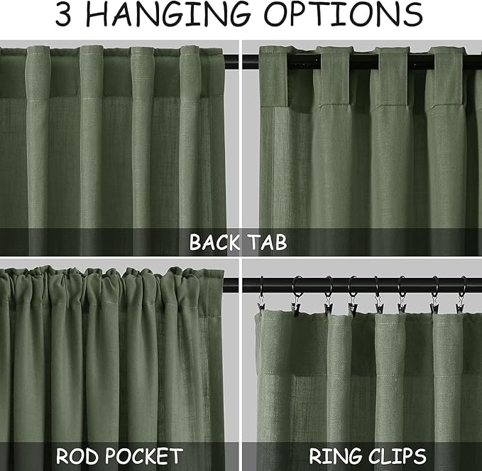 Nanspring Olive Green Linen Curtains 30 Inch Length Short Kitchen, Semi Sheer Boho Cafe Curtains Back Tab and Rod Pocket Basement Drapes for Half Window 30 x 30 Inch,2 Panels