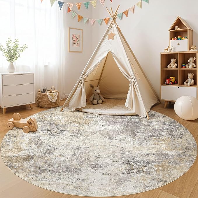 UERMEI 8ft Round Area Rug Living Room Rugs - 8x8 Washable Neutral Modern Abstract Soft Thin Rug Indoor Floor No Slip Rug Carpet for Bedroom Under Dining Table Home Office Decor - Golden Grey