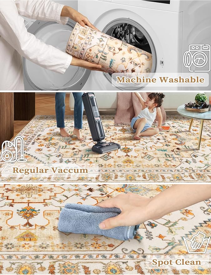 SERISSA Boho Washable Runner Rug, 2'6"x10' Rug Runner Non-Slip Vintage Light Yellow Hallway Kitchen Runner Rug Ultra Soft Print Distressed Floor Carpet Runner for Bedroom Bathroom Laundry Room