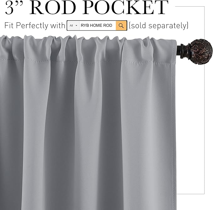RYB HOME Short Blackout Curtains for Bedroom, Room Darkening Insulated Summer Heat Light UV Blocking Energy Saving Drapes for Nursery, Width 34 by Length 45, Silver Grey, Set of 2