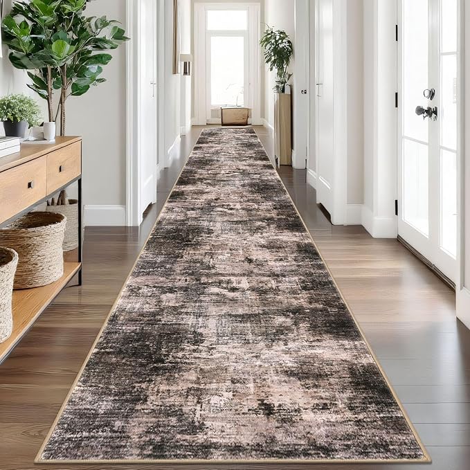 IOHOUZE Abstract Runner Rug 3x20 Ft Extra Long Washable Runners for Hallways, Non Slip Kitchen Runner Printed Faux Wool Entryway Runner Indoor, Modern Abstract Floor Carpet for Hall Stair, Brown/Rust