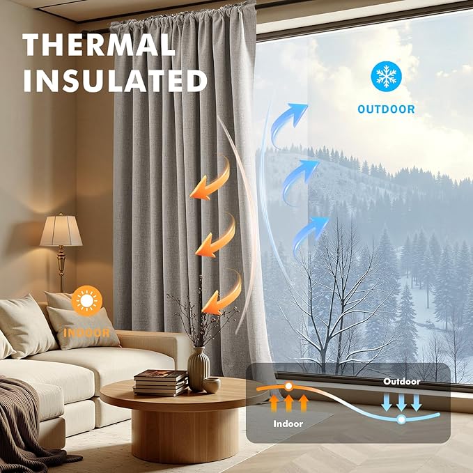 MIULEE 100% Blackout Linen Curtains for Bedroom, Greige Solid Luxury Decor Thermal Insulation Room Darkening Drapes for Living Room Nursery Back Tab Rod Pocket 42 x 72 Inches, 2 Panels