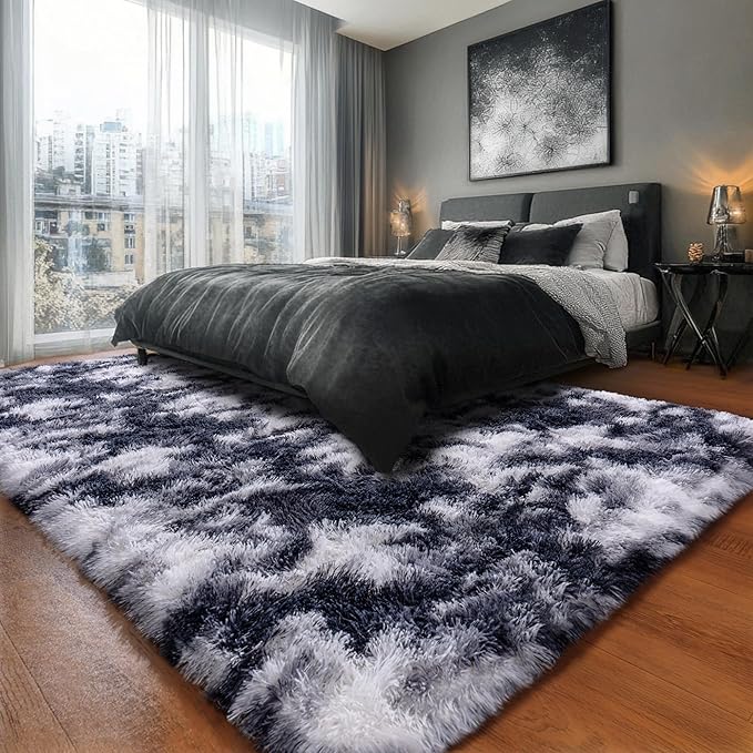 Rugs for Living Room 10x14, Soft Shaggy Modern Shag Area Rug for Bedroom, Upgrade Non-Slip Plush Fluffy Carpet for Kids Boys Girls Room Home Decor Aesthetic,Black and White