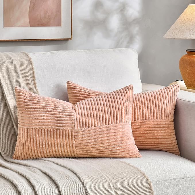 Fancy Homi 2 Packs Peach Lumbar Decorative Throw Pillow Covers 20x28 Inch for Living Room Couch Bed Sofa, Rustic Farmhouse Boho Home Decor, Soft Striped Corduroy Rectangle Accent Cushion Case 50x70 cm