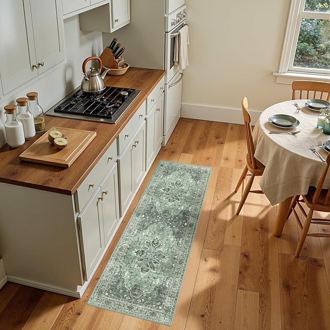 RELEANY Area Rugs 2'x5' Runner Rug Non Slip Washable for Kitchen Hallway Bedroom Beside Laundry Room Bathroom Rug, Floor Carpet, Dark Green Gray