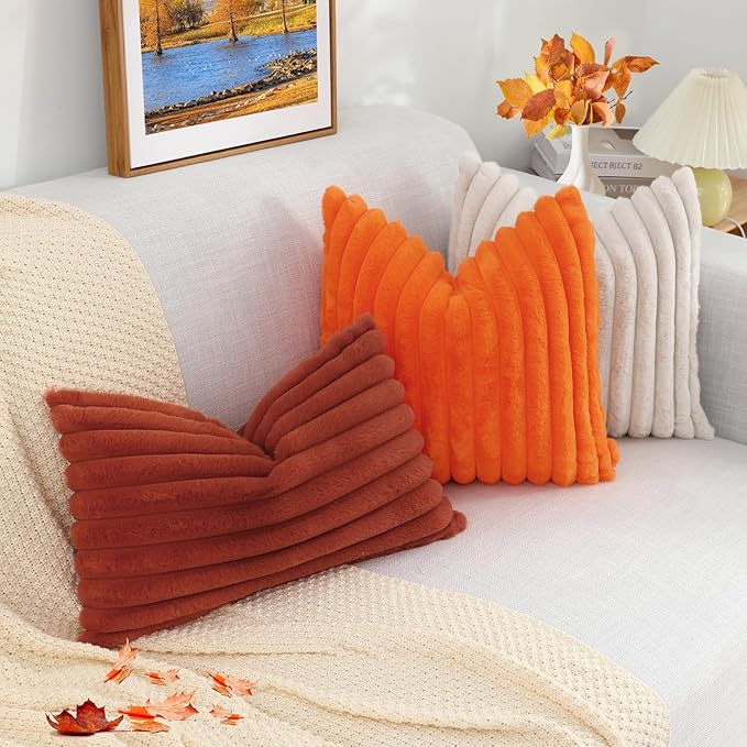 decorUhome Cozy Faux Fur Throw Pillow Covers 16x16 Set of 2 Decorative Soft Plush Striped Modern Farmhouse Boho Couch Pillow Cases with Velvet Back for Sofa Bed Living Room, Rust